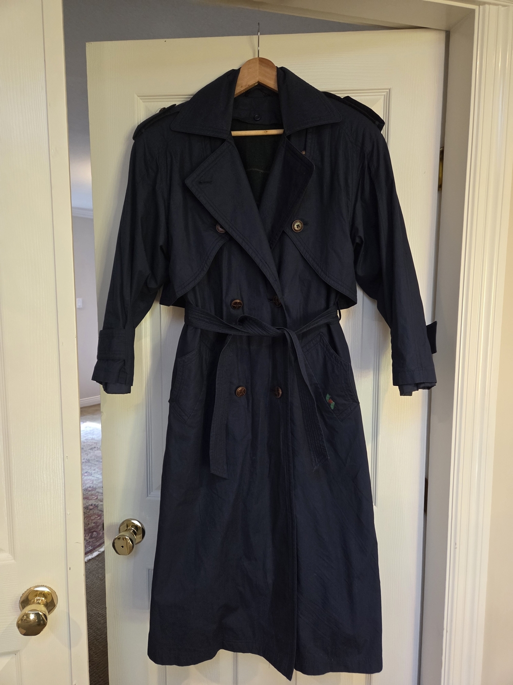 Vintage Norbert Nel Navy Trench Coat Size 8 Plaid Liner Belted